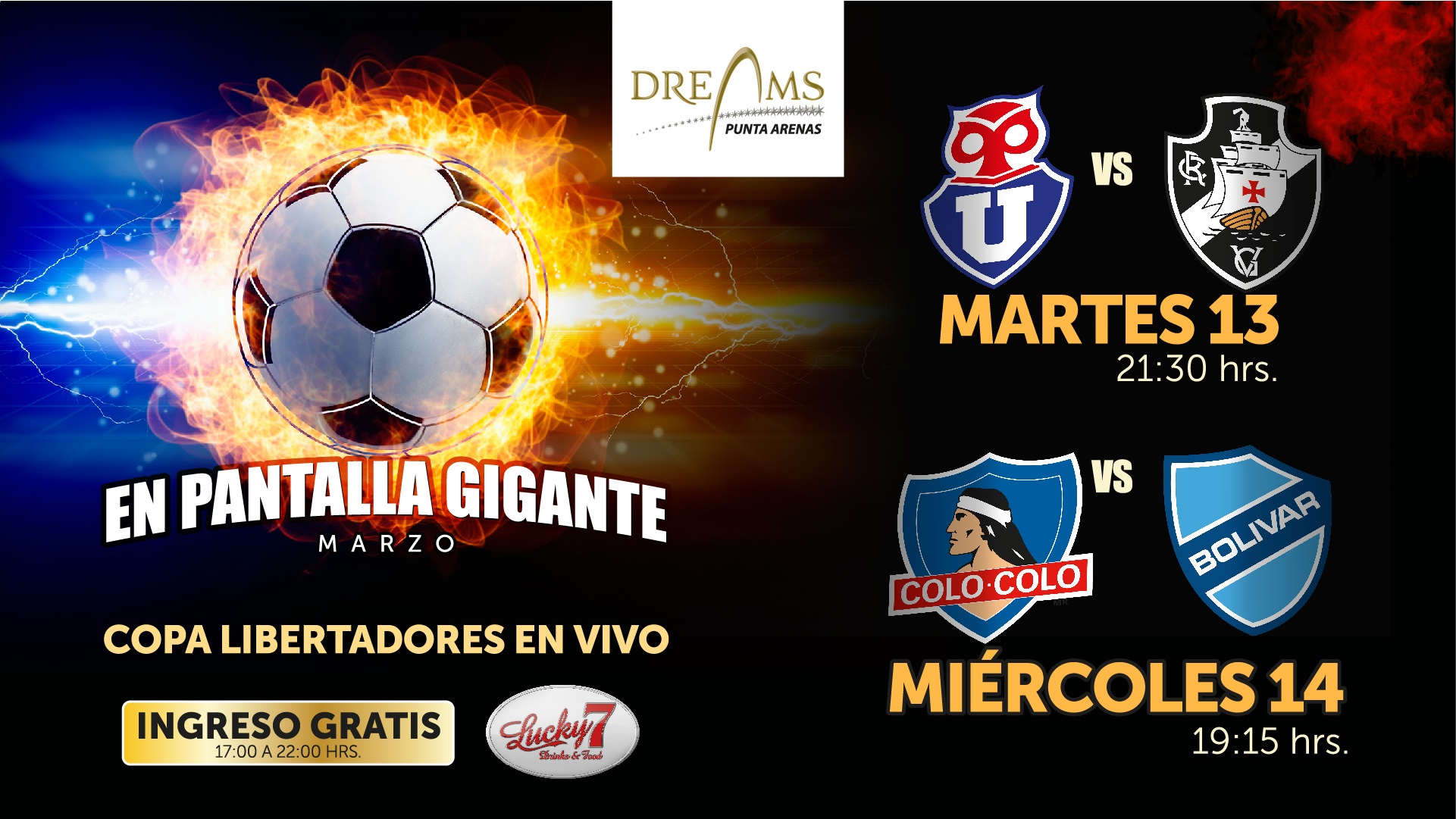 Martes 13 y miércoles 14 en Casino Dreams la Copa Libertadores en pantalla gigante