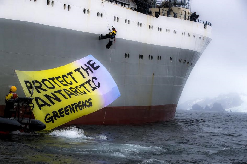 Greenpeace realiza protesta frente a buque pesquero ucraniano por pesca del krill en aguas antárticas
