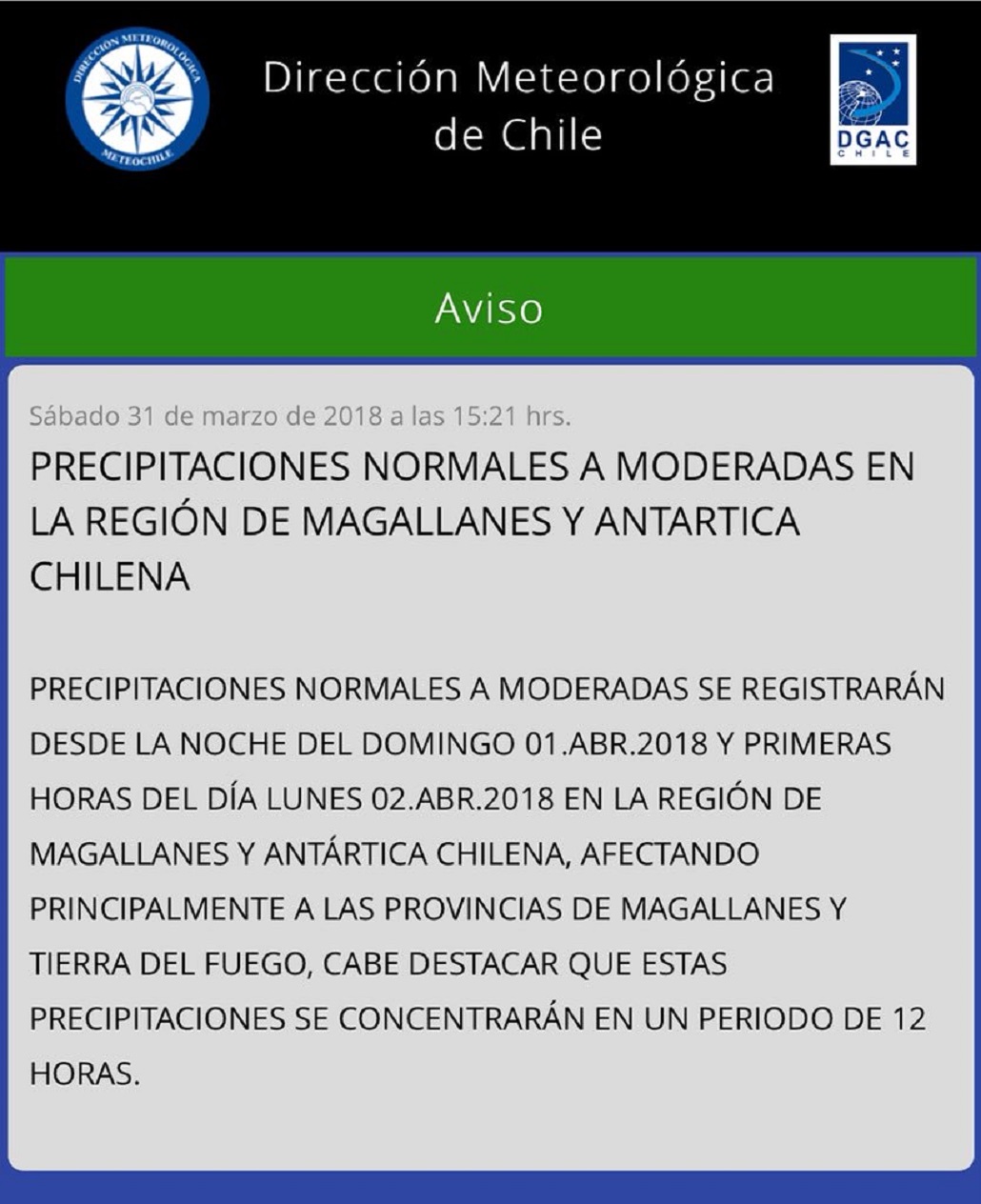 Pronostican lluvias moderadas en Magallanes la noche del domingo y mañana del lunes próximos