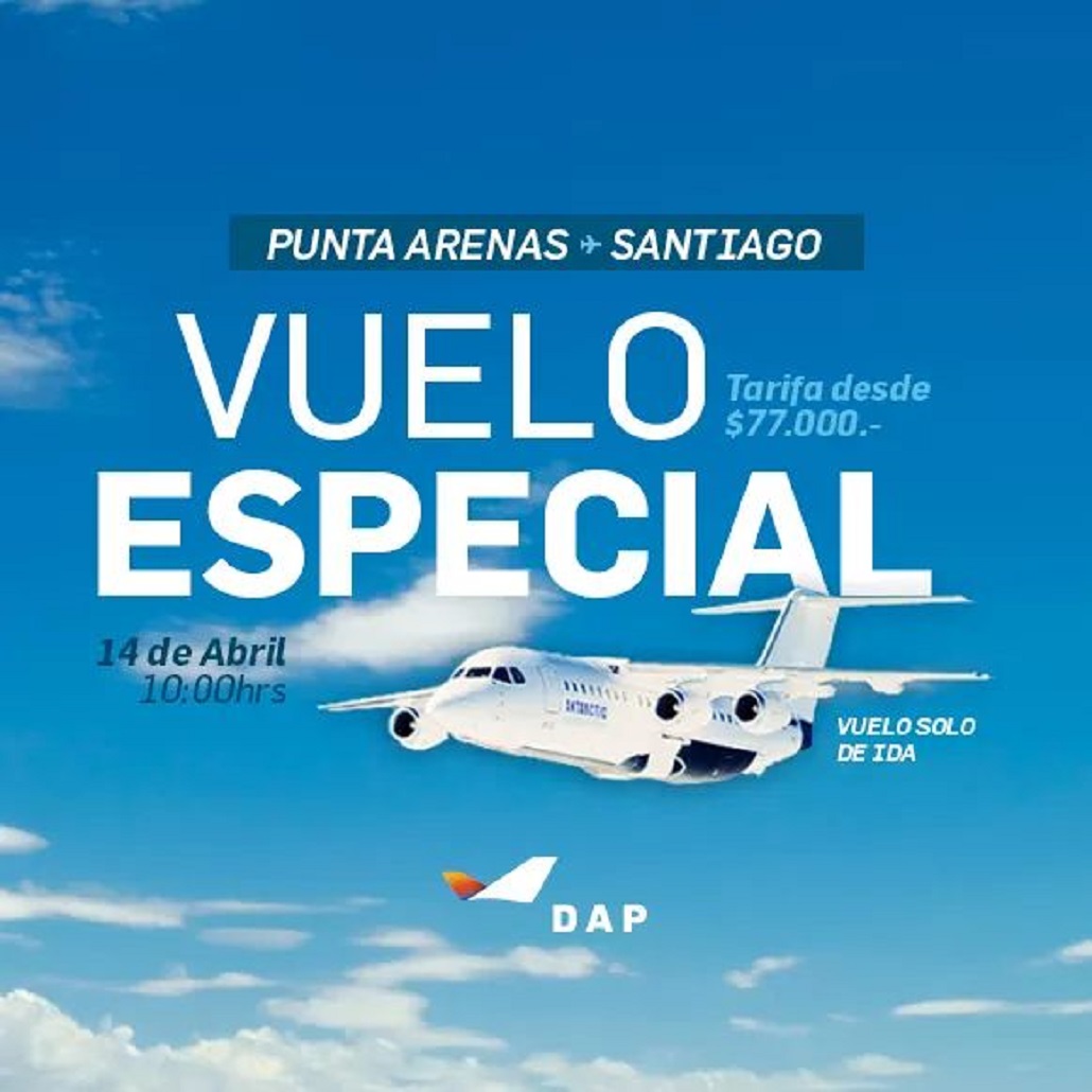 Aerolíneas DAP anuncia vuelo especial Punta Arenas Santiago para el próximo sábado