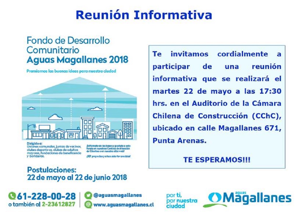 Para postular al Fondo de Desarrollo Comunitario:  este martes Aguas Magallanes realizará reunión informativa a organizaciones Sociales de Punta Arenas