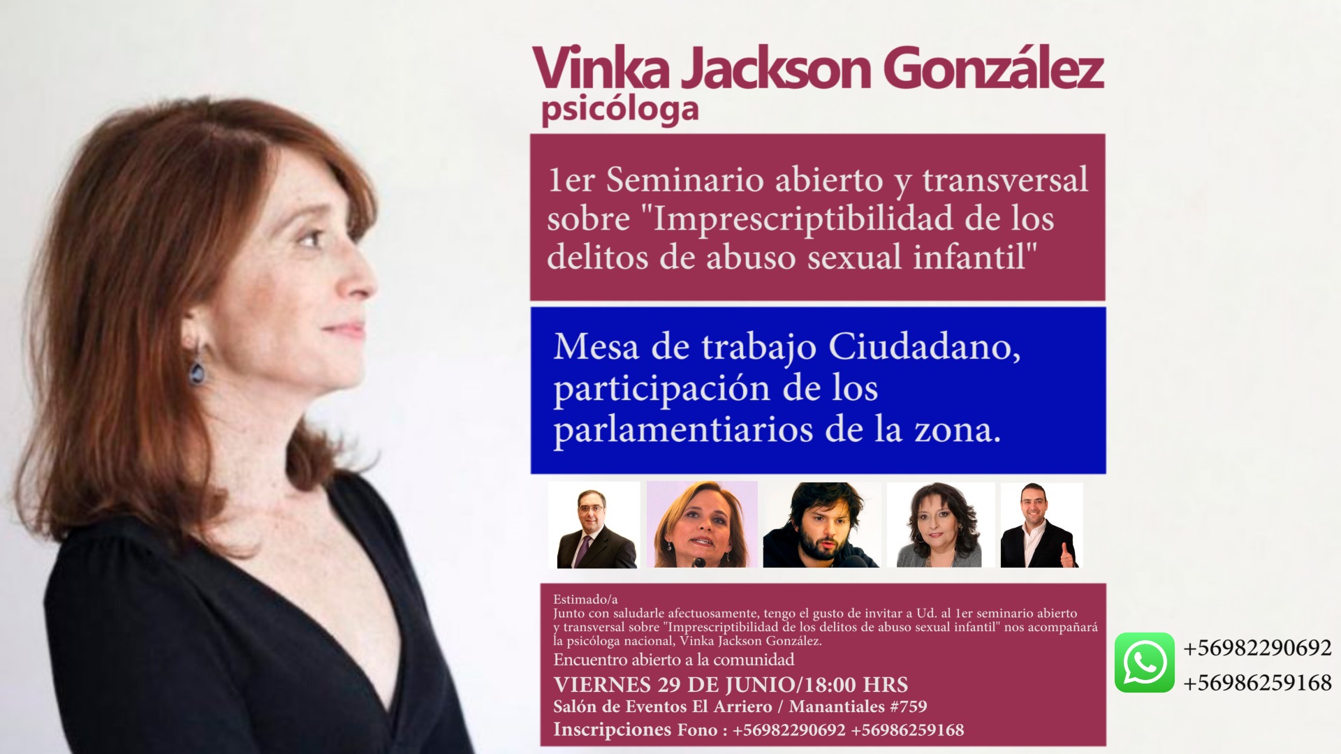 Esta semana se realiza Seminario sobre “Imprescriptibilidad de los delitos de abuso sexual infantil”  y contará con la psicóloga Vinka Jackson y asesor de Unicef Nicolás Espejo