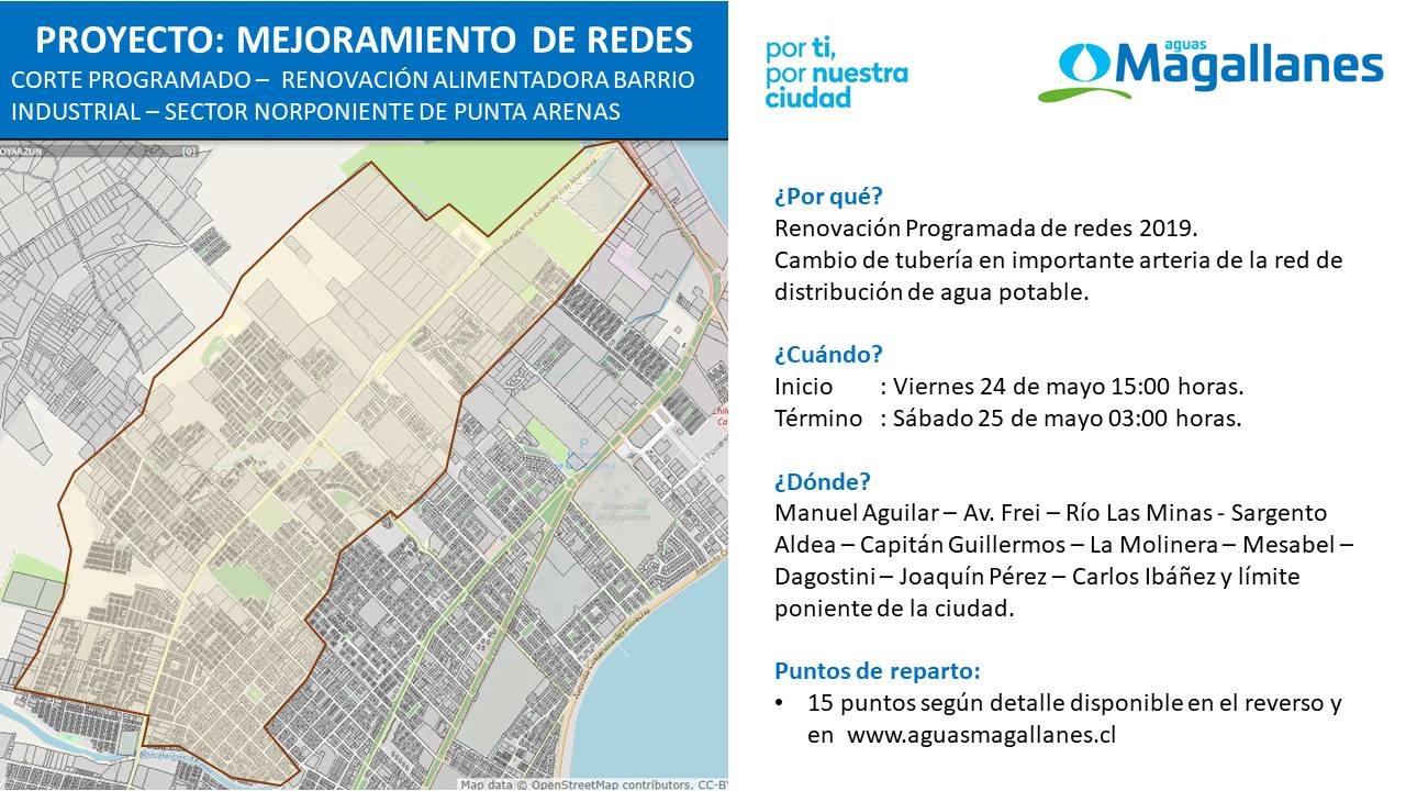 AGUAS Magallanes difunde cortes programados de suministro en Punta Arenas por instalación de nueva alimentadora: se efectuarán el viernes 24 y sábado 25 de mayo