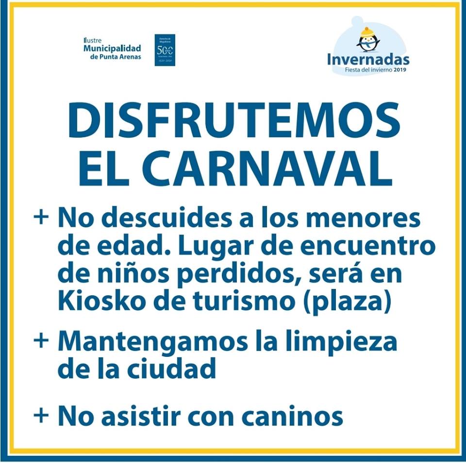 Municipalidad de Punta Arenas reitera recomendaciones a las personas que concurran al Carnaval de Invierno