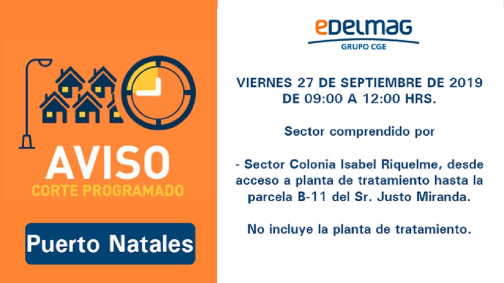 EDELMAG informa interrupción programada de suministro eléctrico en Puerto Natales el viernes 27 de septiembre