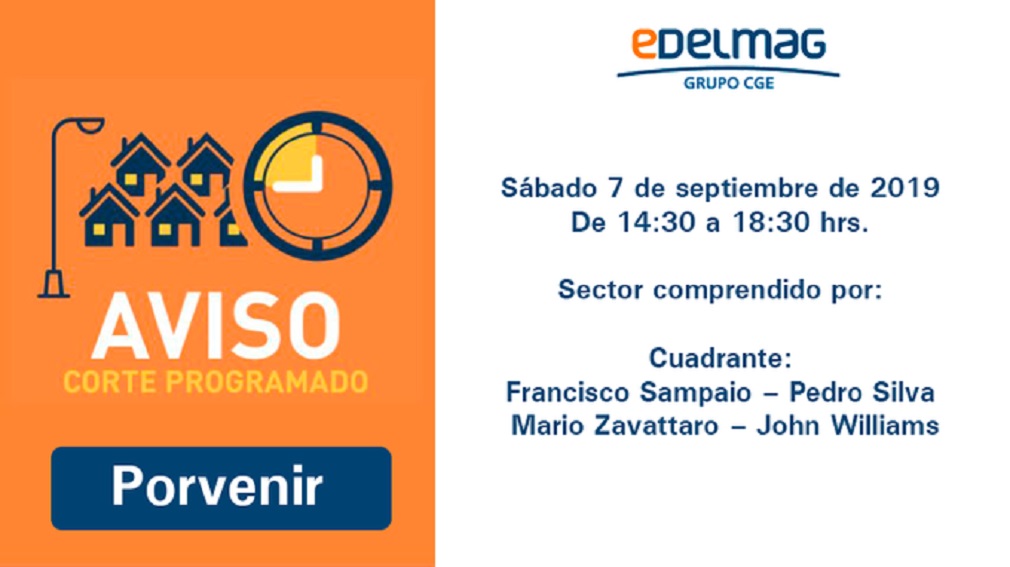 EDELMAG informa corte programado de suministro eléctrico en Porvenir el sábado 7 de septiembre