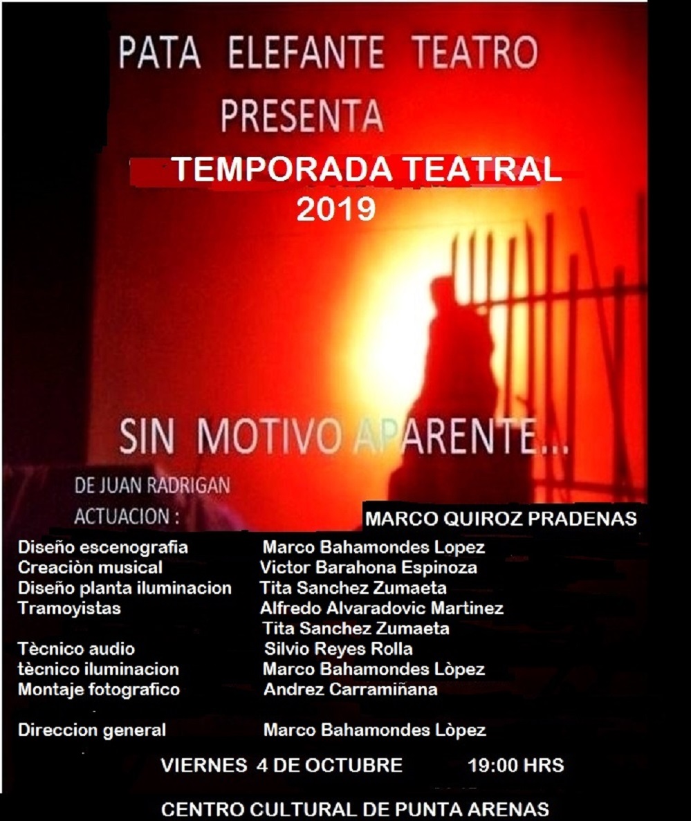 Pata Elefante Teatro presenta en Punta Arenas la obra «Sin motivo aparente»