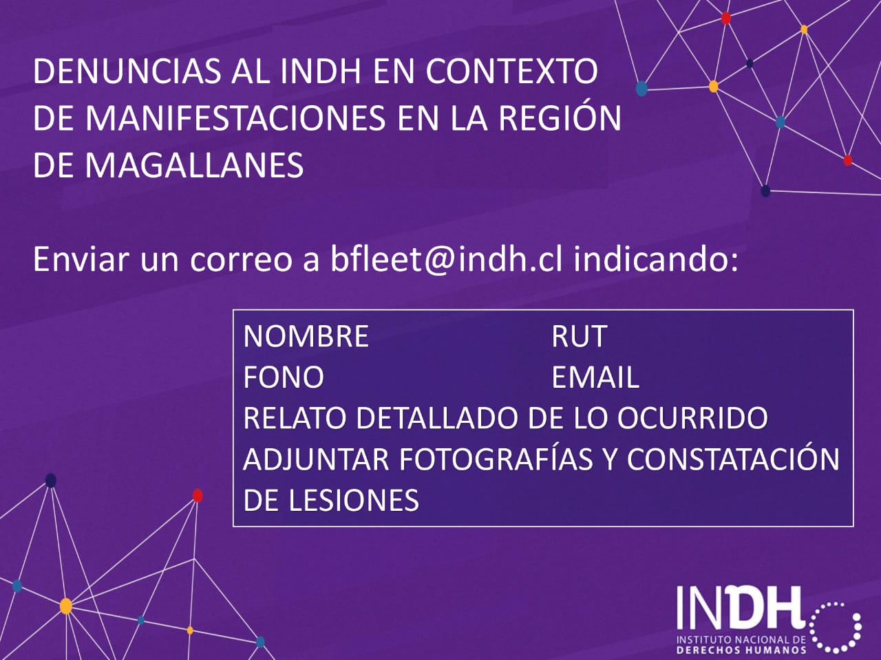 Instituto Nacional de Derechos Humanos difunde instrucciones para efectuar denuncias en la región de Magallanes