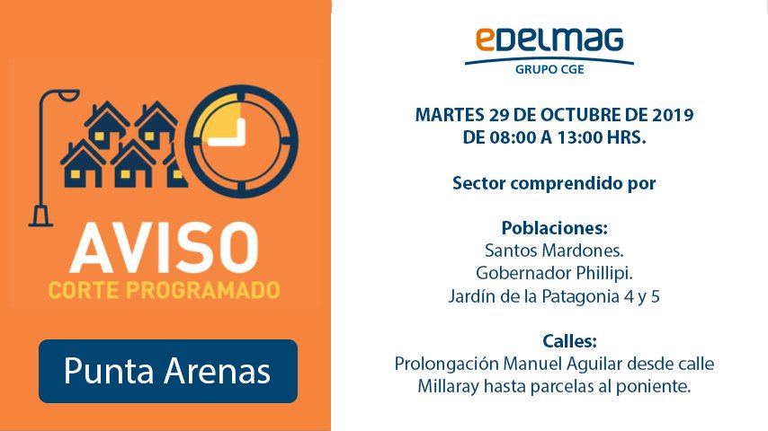EDELMAG informa corte programado de suministro eléctrico este martes 29 de octubre en Punta Arenas