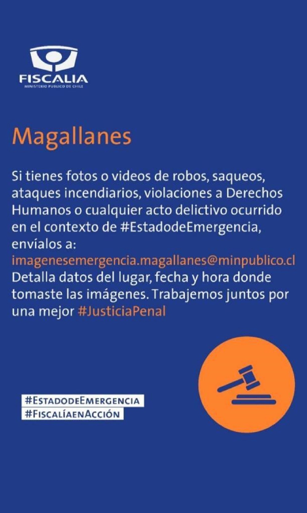 Fiscalía reitera plataforma para recibir información de actos delictivos o violaciones a los DDHH en Magallanes