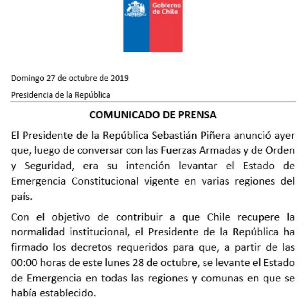 A partir de las 0 horas de este lunes 28 de octubre se levanta el estado de excepción en Magallanes