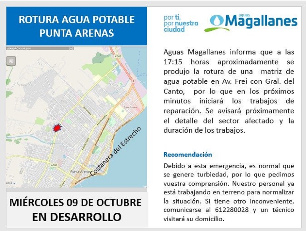 Rotura de matriz de agua potable en Avenida Frei con General del Canto ocasiona interrupción de suministro de agua