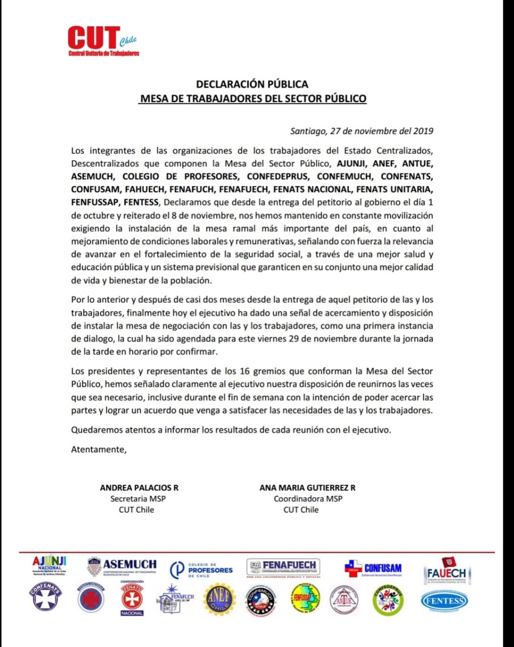 Mesa de Trabajadores del Sector Público acordó reunirse con el gobierno este viernes 29 de noviembre