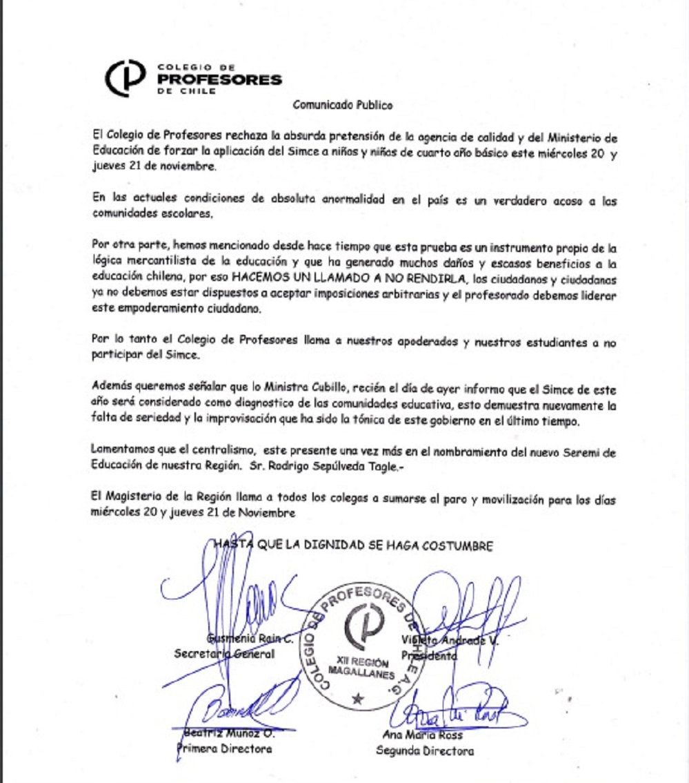 Colegio de Profesores llama a no aplicar el SIMCE y a mantener el paro general