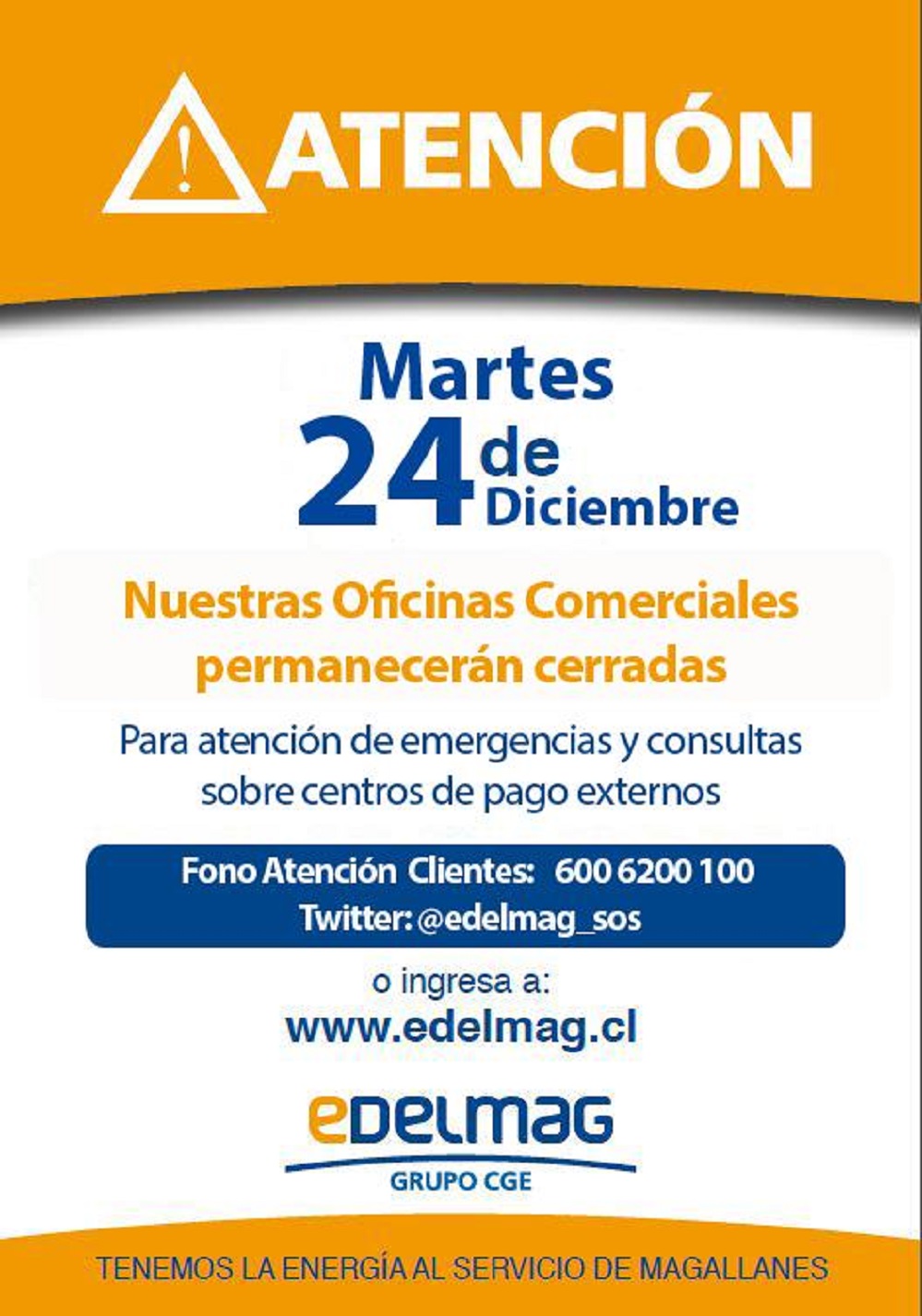 EDELMAG informa cierre de oficinas para el martes 24 de diciembre
