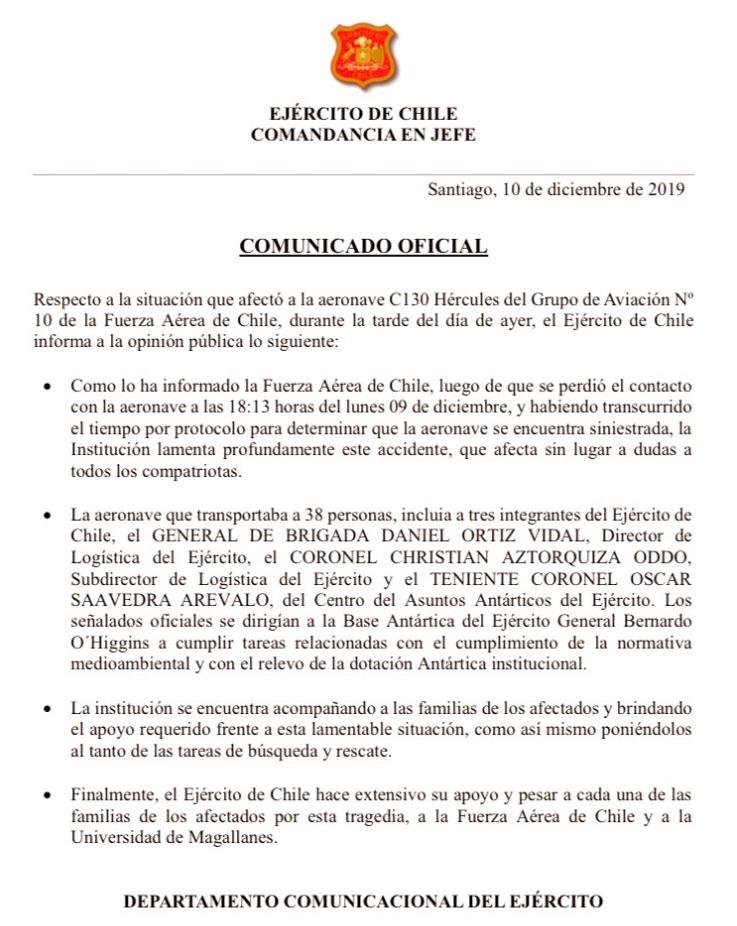 Declaración del Ejército sobre accidente de avión  C-130 de la FACH