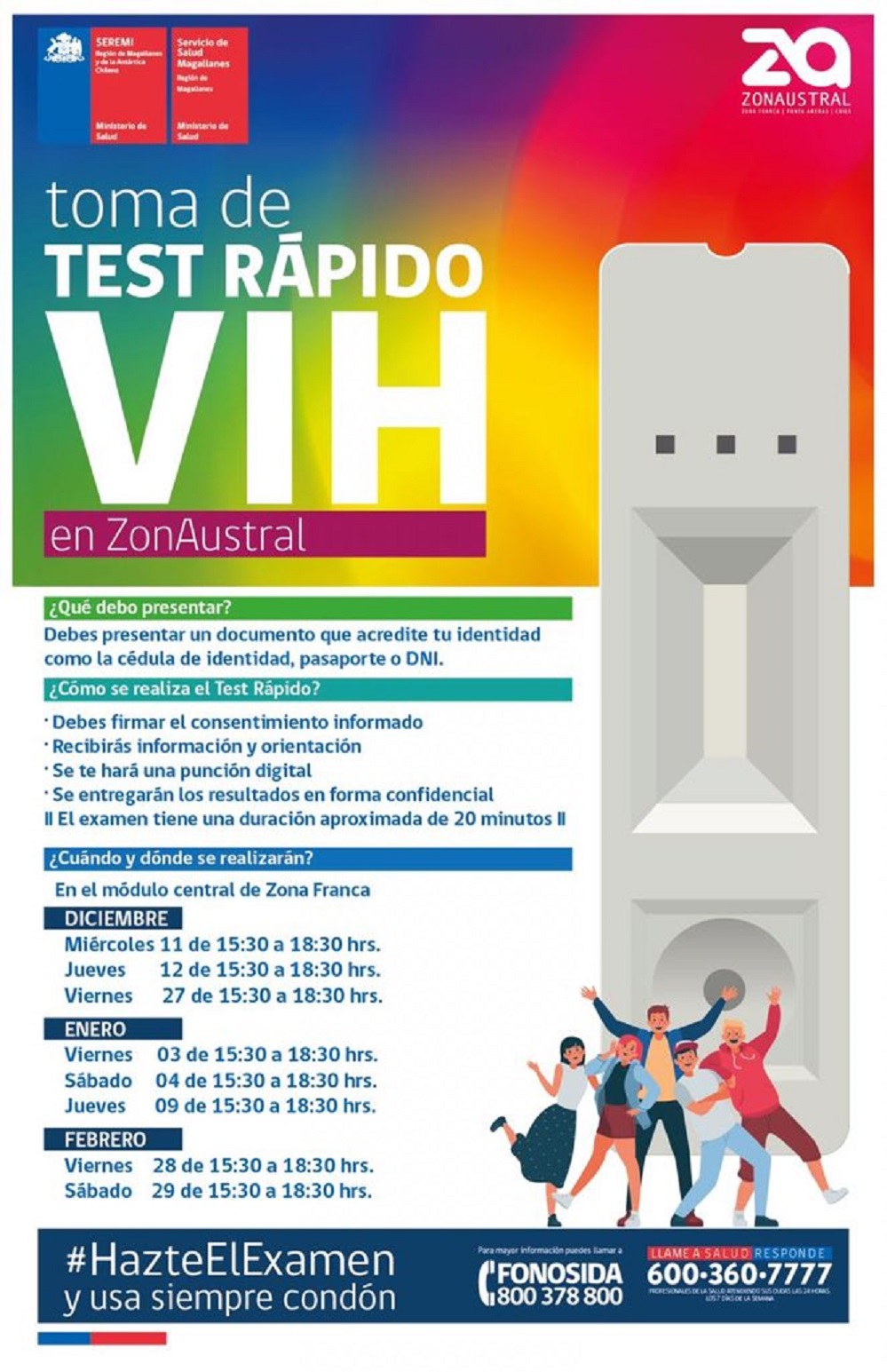 Hoy se realiza toma de test rápido de VIH en el módulo central de Zona Franca de Punta Arenas