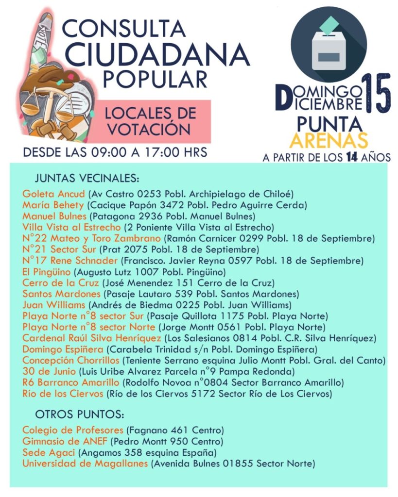 Consulta ciudadana comunal se realiza hoy domingo 15 de diciembre en Punta Arenas