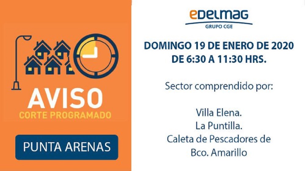 Corte programado de suministro eléctrico informa EDELMAG para este domingo 19 de enero en Punta Arenas