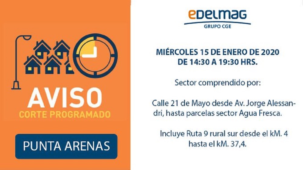 EDELMAG informa corte programado de suministro eléctrico en Punta Arenas para este miércoles 15 de enero