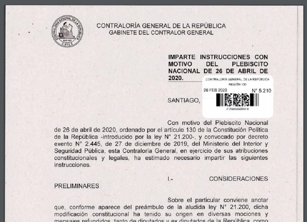 Contraloría emite instrucciones sobre conducta de funcionarios públicos y autoridades respecto al plebiscito del 26 de abril