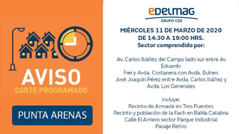 Corte programado de suministro eléctrico informa EDELMAG en Punta Arenas este 11 de marzo