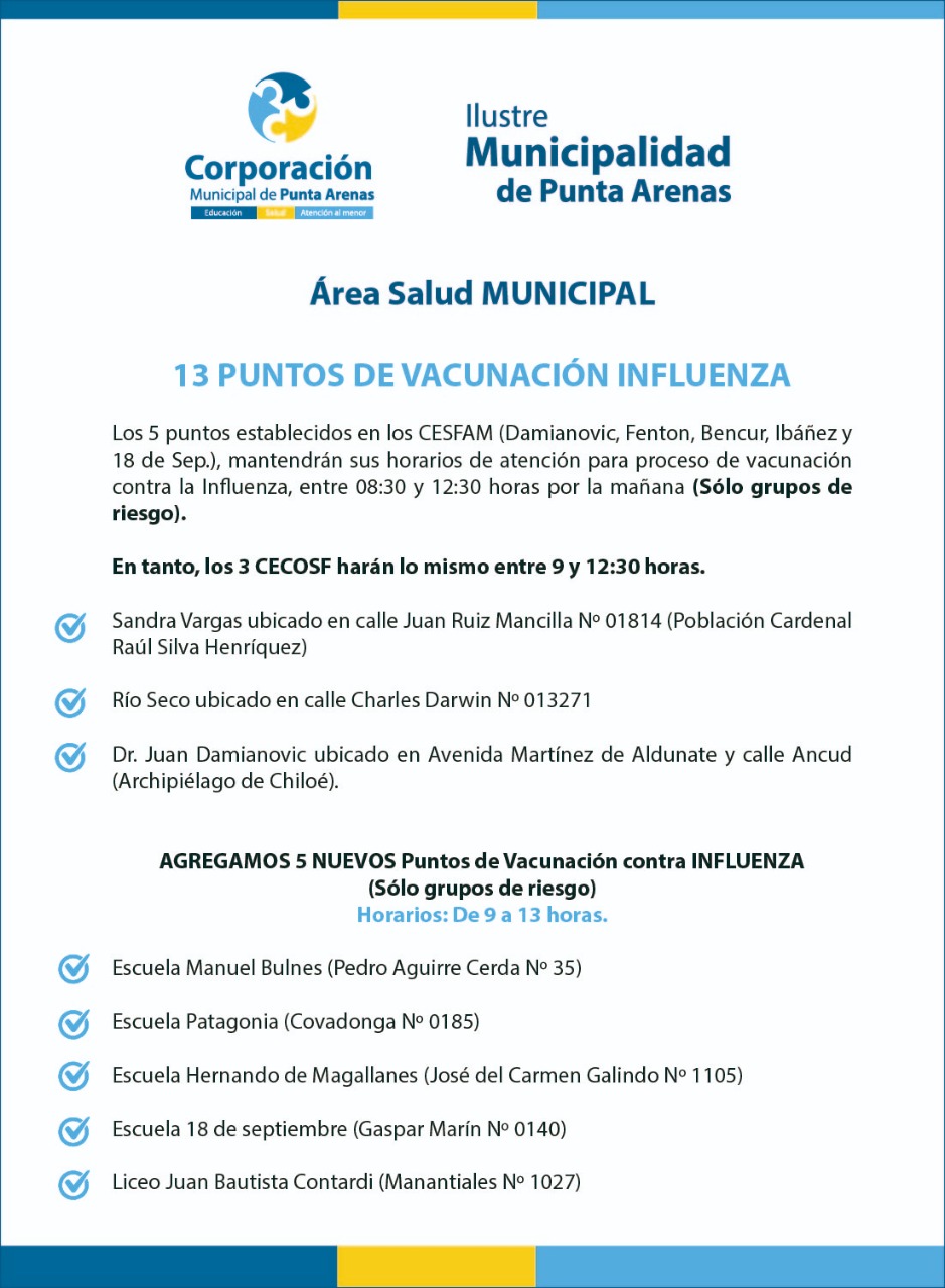 13 puntos de vacunación contra la influencia dispone la Municipalidad de Punta Arenas, solo para atención en la mañana