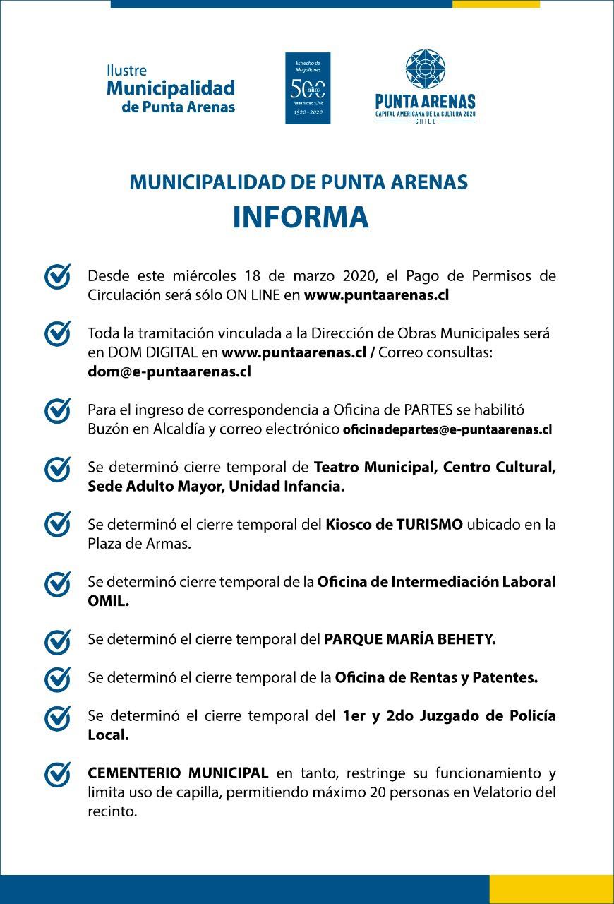 Alcalde de Punta Arenas adoptó hoy una serie de medidas preventivas contra coronavirus