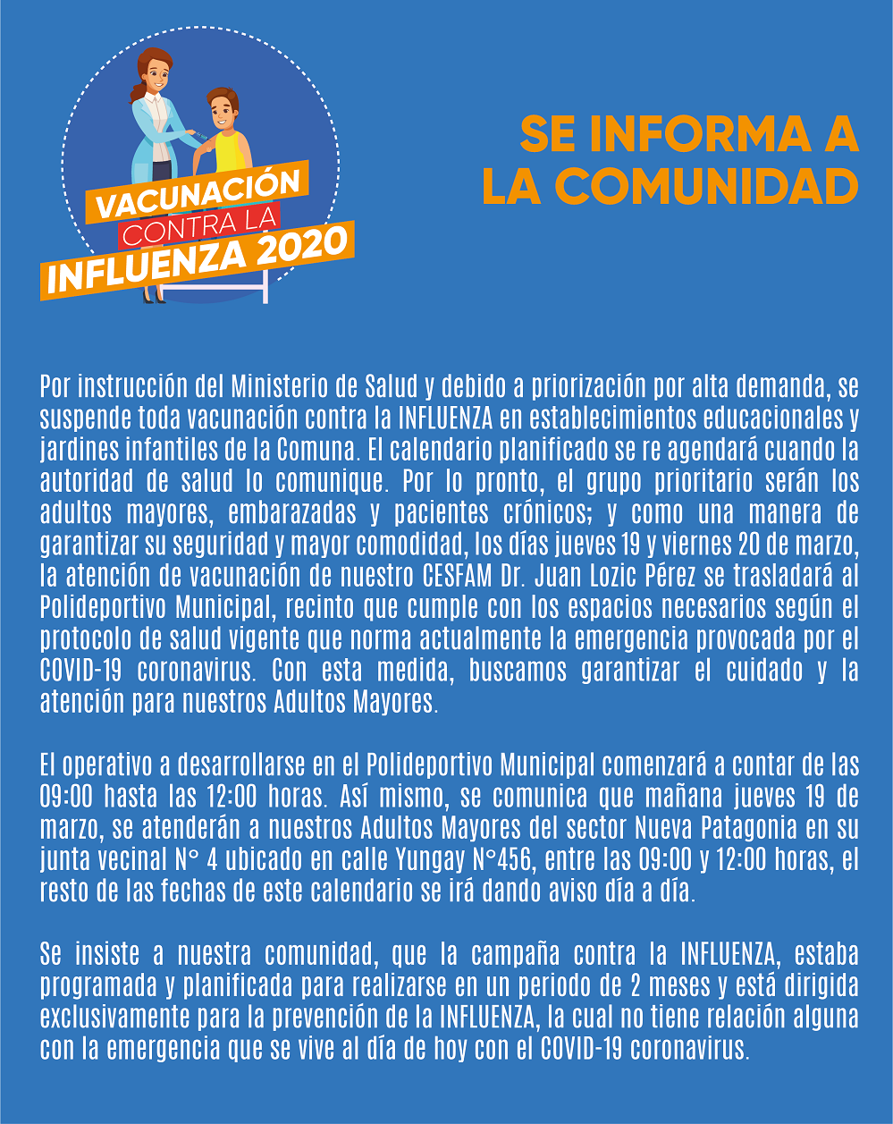 Vacunación de influenza en Puerto Natales se realiza en el Polideportivo Municipal