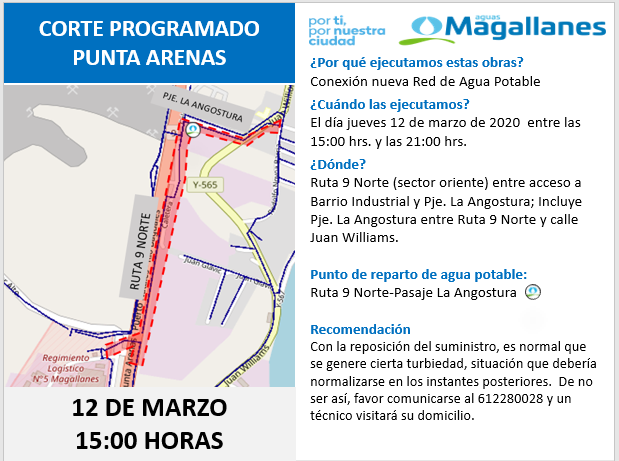 Corte de suministro de agua potable informa Aguas Magallanes, en sector de Ruta 9 Norte de Punta Arenas