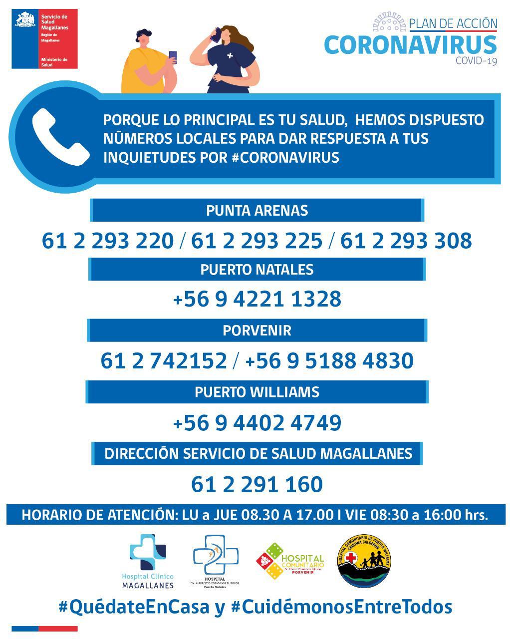 Servicios de Salud informan teléfonos disponibles para consultas por coronavirus en Punta Arenas, Natales, Porvenir y Puerto Williams