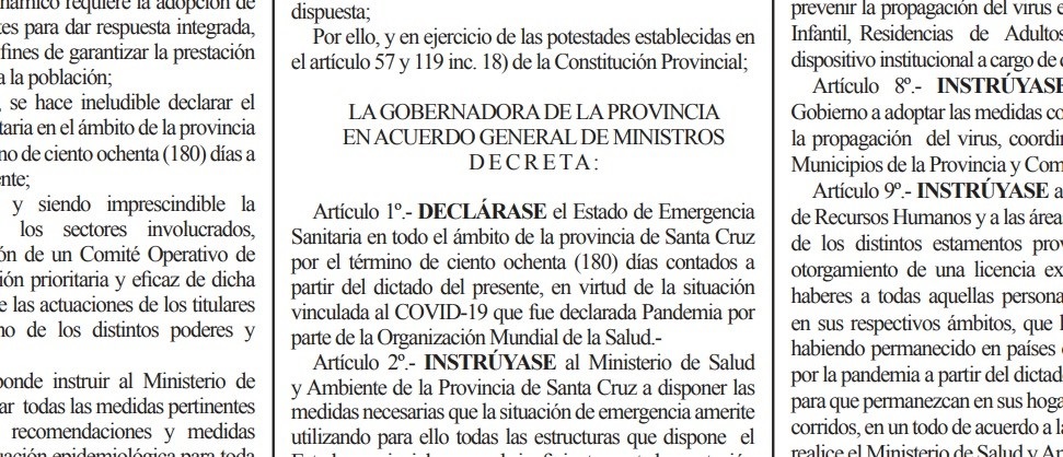 Debido a epidemia de coronavirus: se declaró el Estado de Emergencia Sanitaria en la vecina provincia de Santa Cruz, Argentina