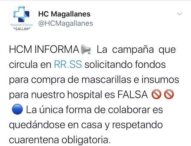 Falsa campaña economica que buscaba la compra de mascarillas para el Hospital Clínico de Mgallanes fue difundida en redes sociales