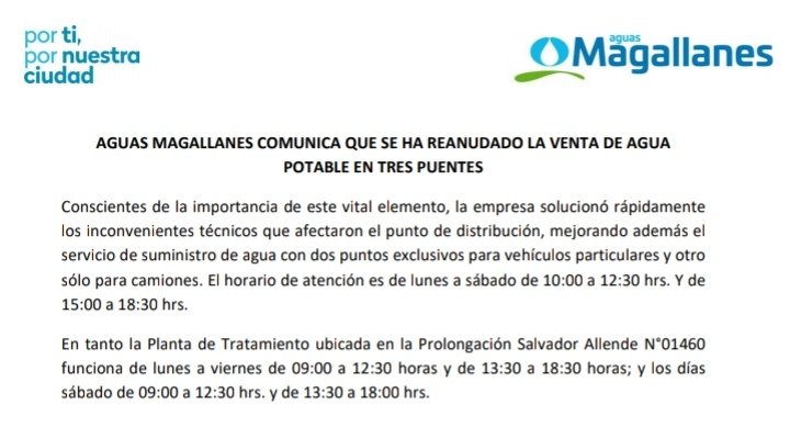Aguas Magallanes informa que ha reiniciado venta de agua potable en Tres Puentes