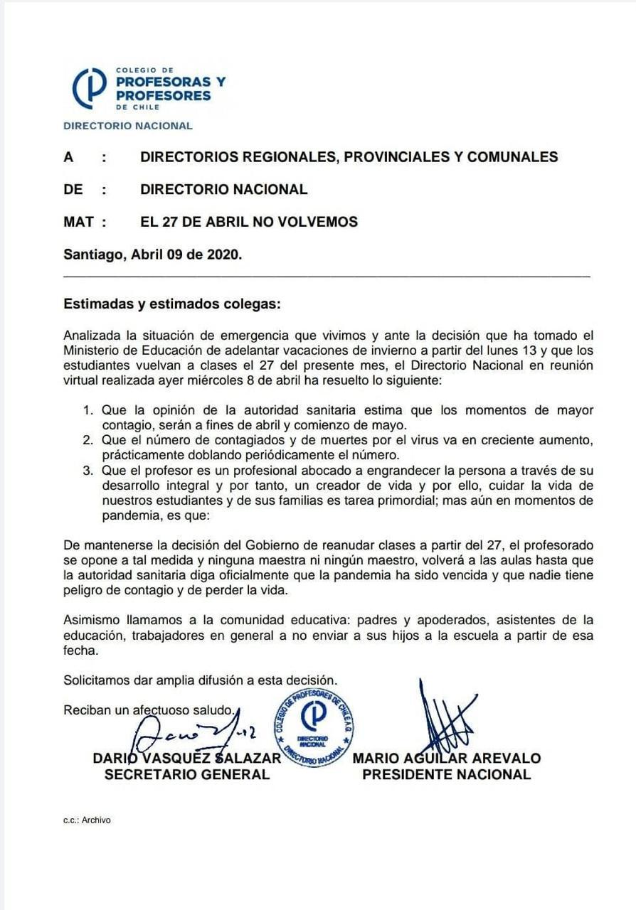 Declaración del Colegio de Profesores: «El 27 de abril no volvemos»