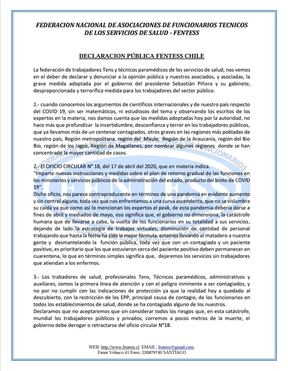 Federación de Funcionarios Técnicos de Servicios de Salud, FENTESS, rechazan medida del Gobierno de regreso al trabajo presencial