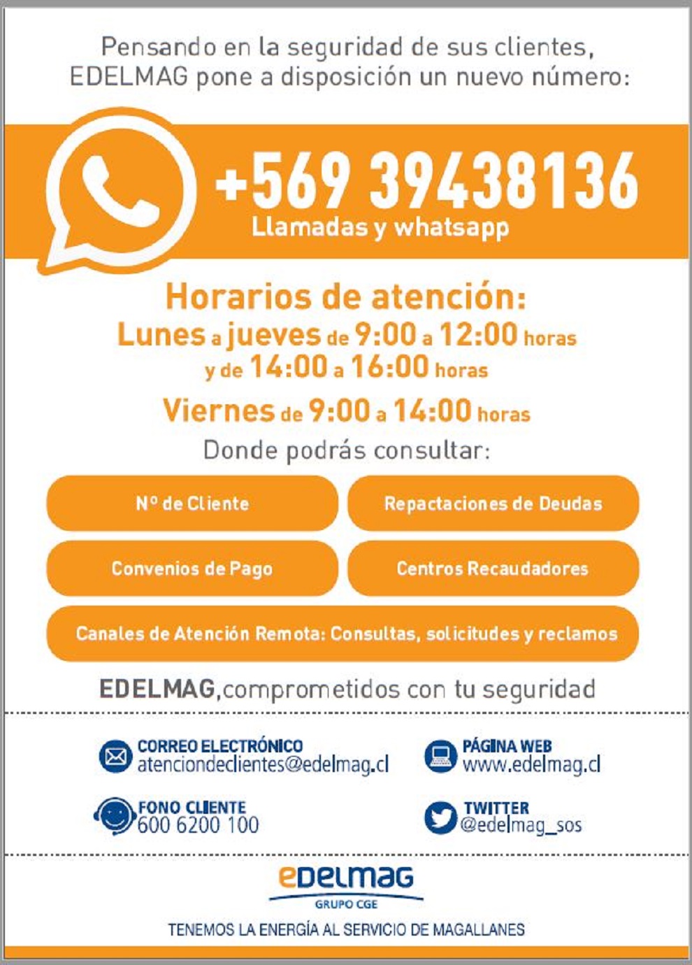 EDELMAG habilita número de celular para atender consultas