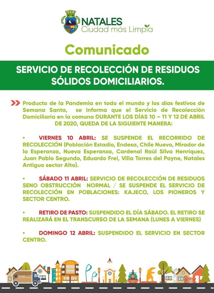 Municipalidad de Puerto Natales informa retiro de residuos domiciliarios este fin de semana