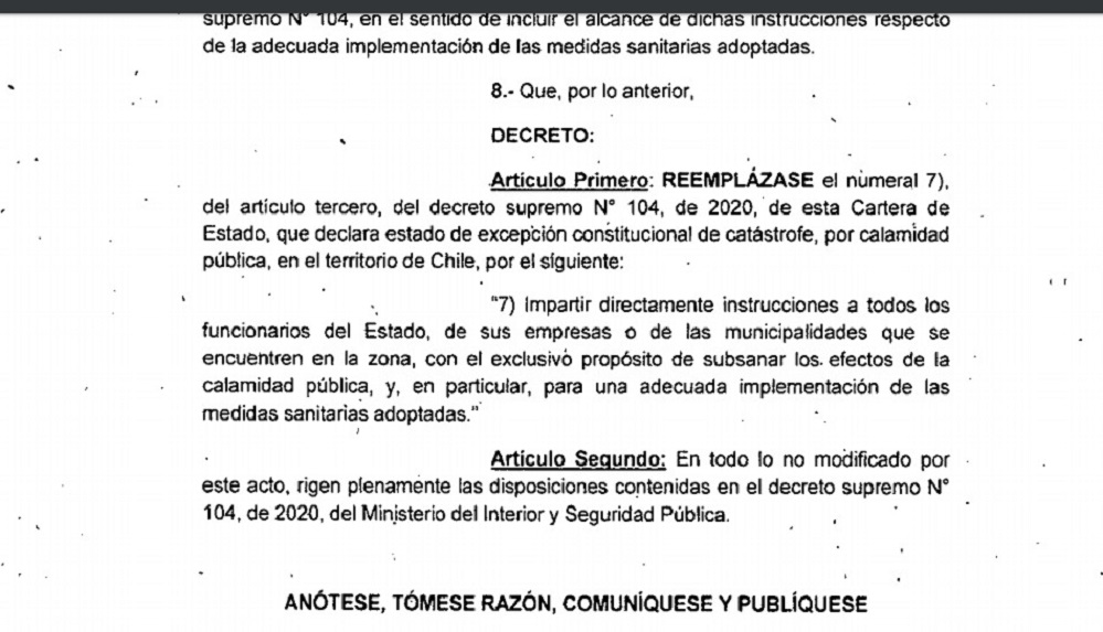 Decreto del Ministerio del Interior que otorgaba facultades a Jefes de Defensa fue observado por la Contraloría