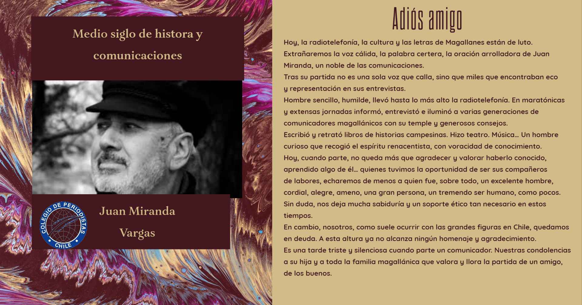Colegio de Periodistas entrega sus condolencias ante el fallecimiento de Juan Manuel Miranda