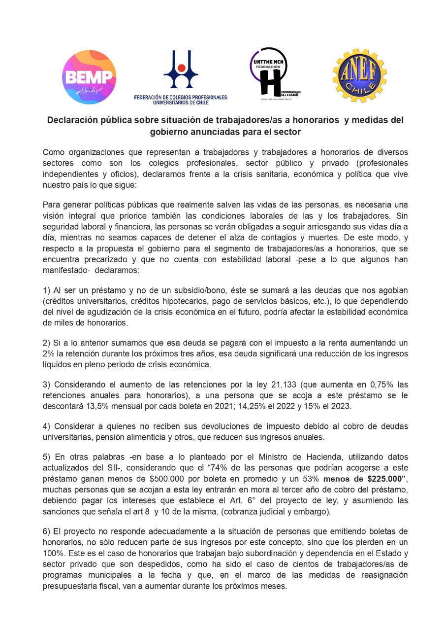 Organizaciones de funcionarios a honorarios proponen soluciones, para que el peso de la crisis no recaiga en los trabajadores