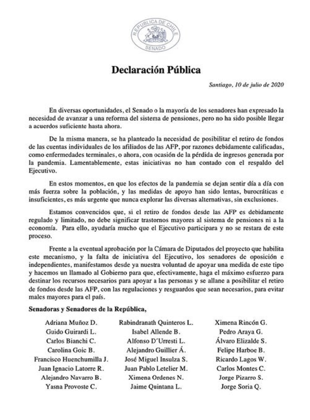 24 senadores de oposición anuncian voto favorable a proyecto retiro 10% fondos de AFP: senadores por Magallanes Bianchi y Goic firman declaración