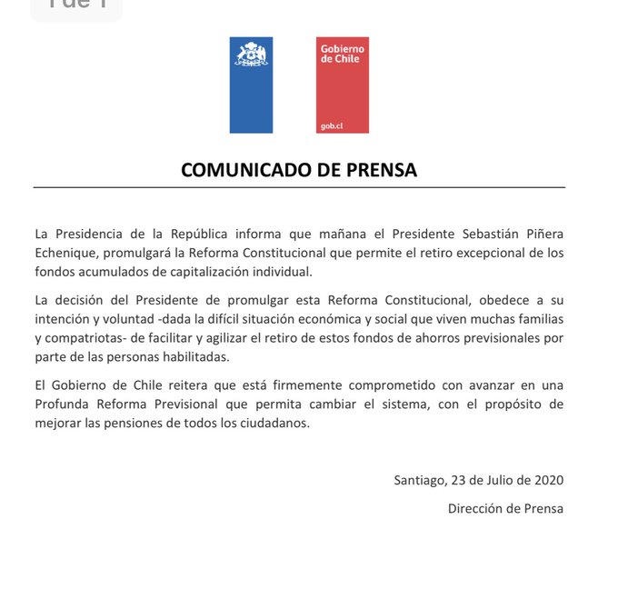 Presidencia de la República anuncia que este viernes 24 de julio se promulga reforma constitucional del 10% de fondos de AFP