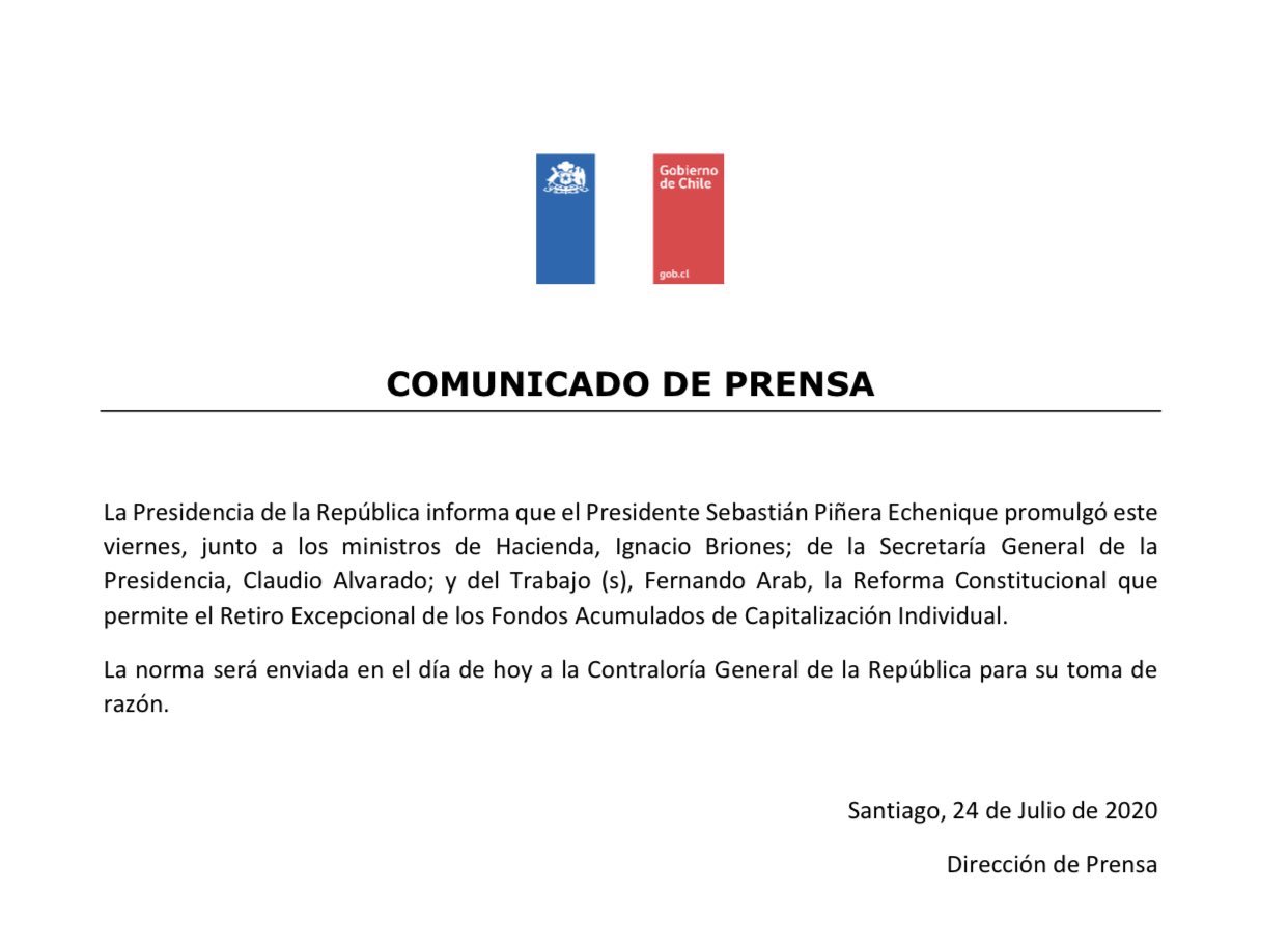 Este viernes 24 de julio se promulgó reforma constitucional de retiro voluntario del 10% de los fondos de AFP: el martes debiera publicarse en el Diario Oficial