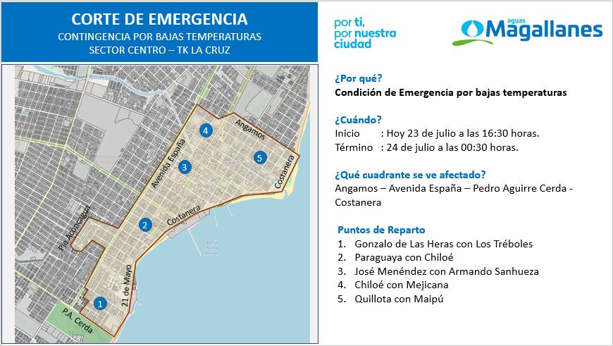 Se efectúan cortes de suministro de agua potable en Punta Arenas: corte durará hasta las 00,30 horas del viernes 24 de julio