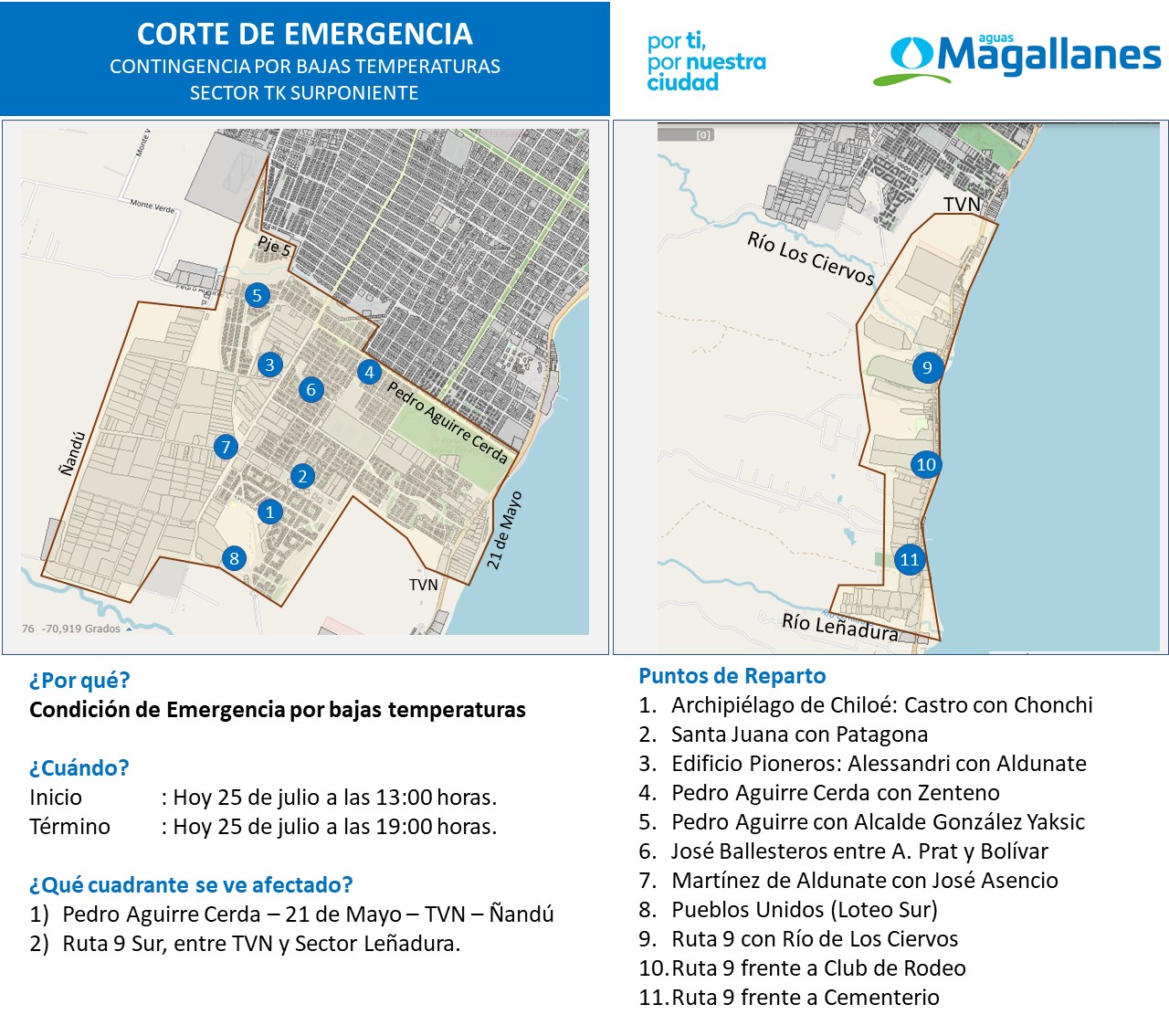 Aguas Magallanes informa corte programado para hoy en el sector surponiente de Punta Arenas
