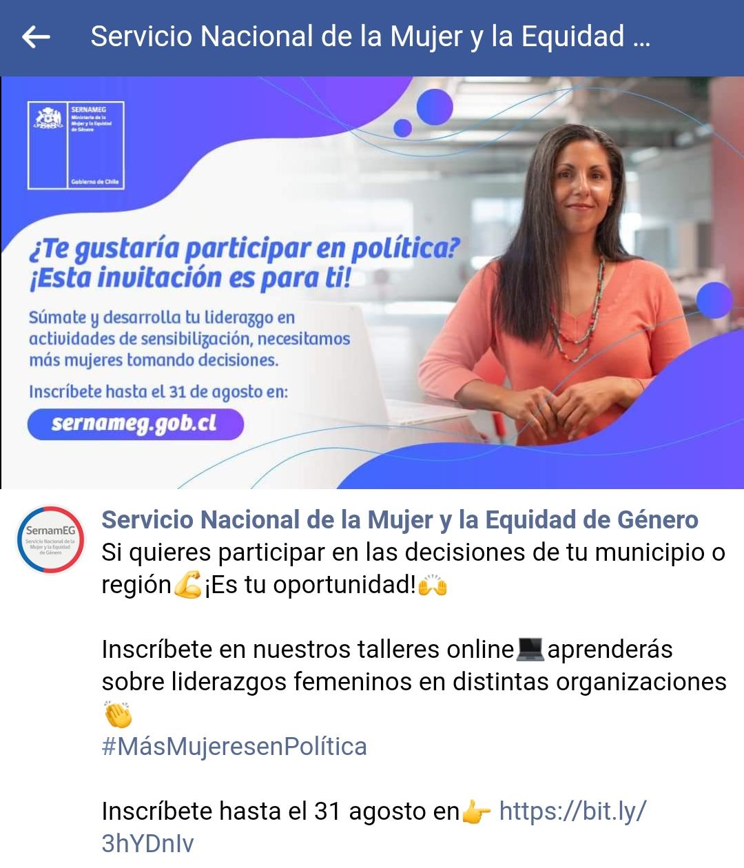 SERNAMEG llama a inscribirse en la Escuela de Lideres «Más Mujeres en Política»