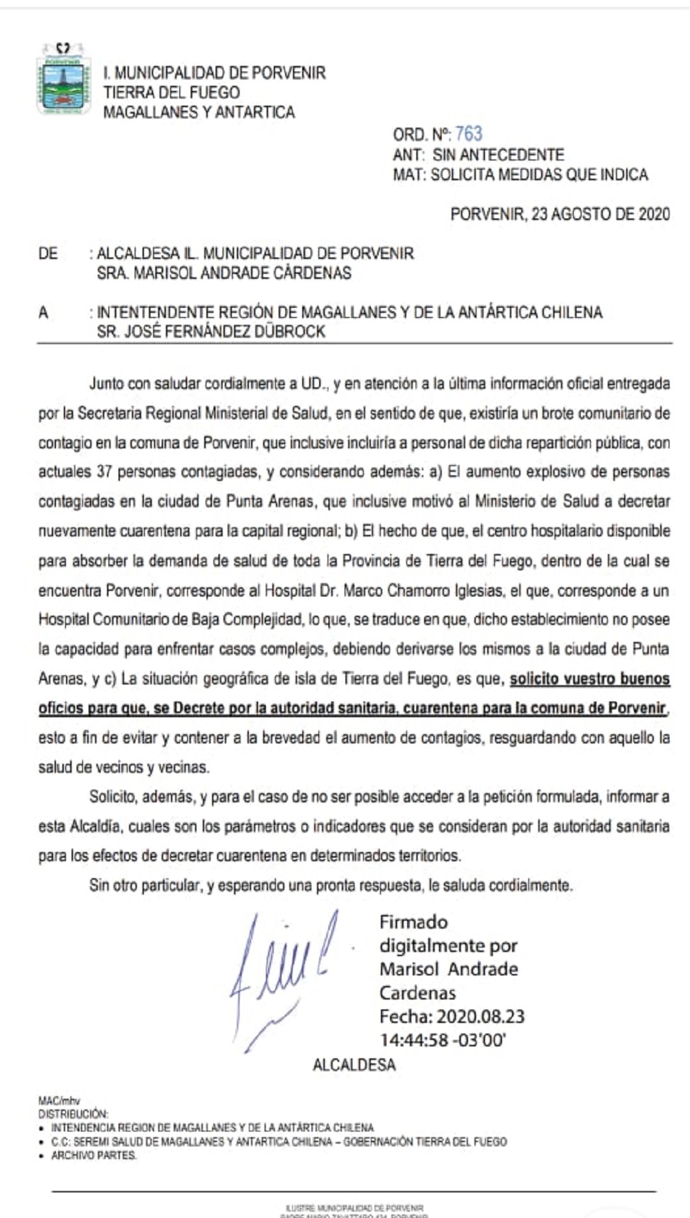 Alcaldesa de Porvenir Marisol Andrade pide al Intendente Regional sus buenos oficios, para que se declare cuarentena en la capital fueguina