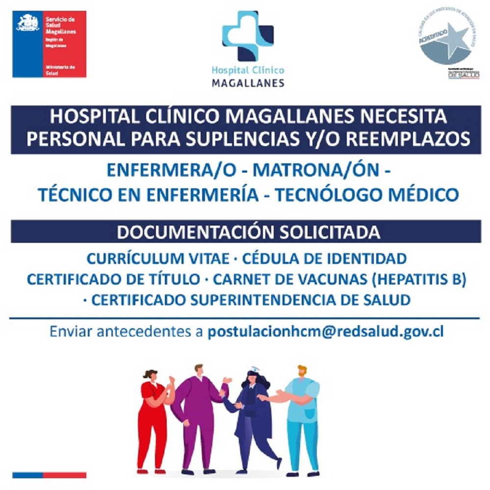 Hospital Clínico de Magallanes llama a concurso para personal de suplencia y/o reemplazos: pueden postular profesionales Enfermeras, Matronas, TENS y Tecnólogos Médicos