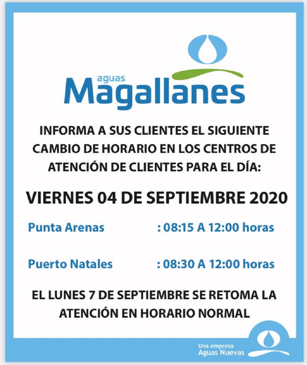 AGUAS Magallanes modifica horarios de atención al público, para este viernes 4 de septiembre